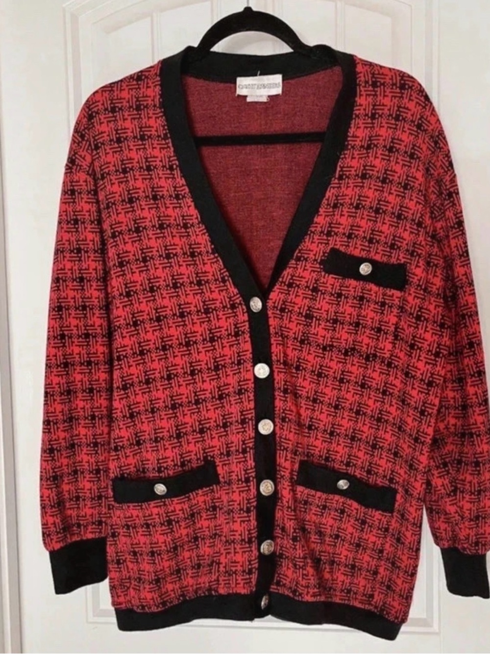 Cathy Daniels Red and Black Patterned V-Neck Cardigan